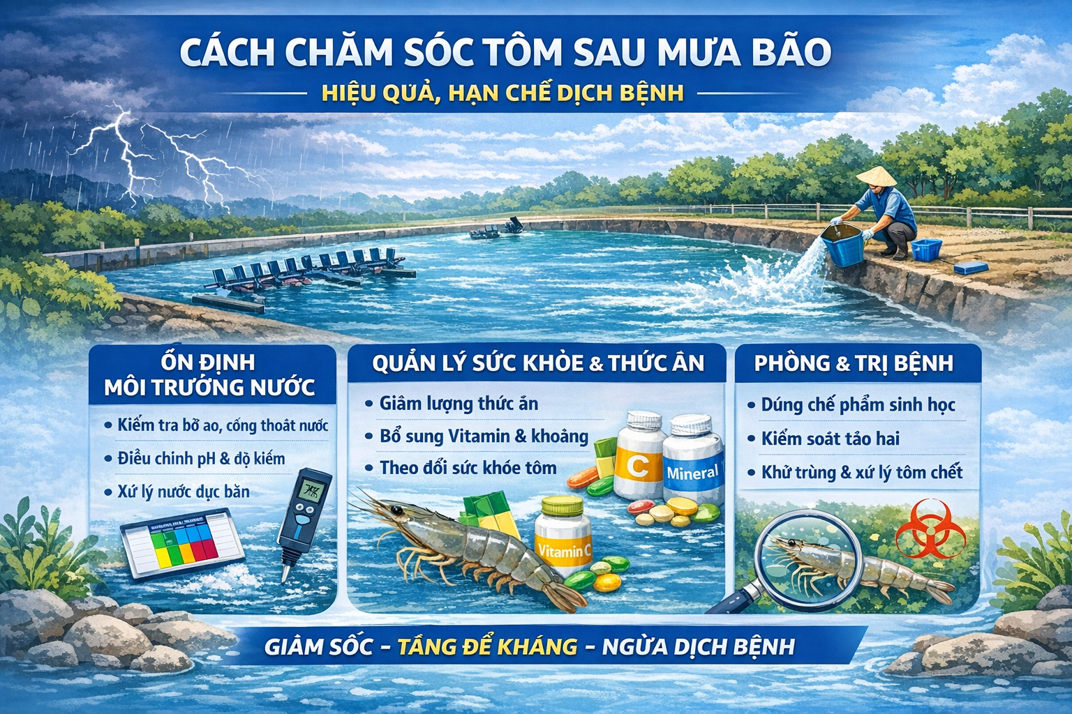 chăm sóc ao tôm sau mưa bão