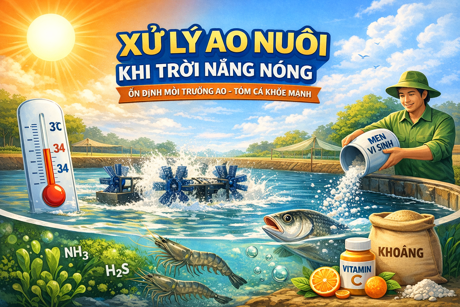 xử lý ao nuôi nắng nóng