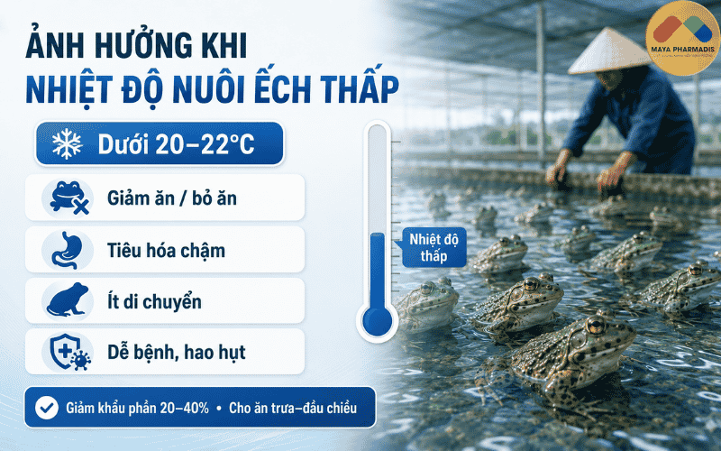Ảnh hưởng khi nhiệt độ nuôi ếch thấp