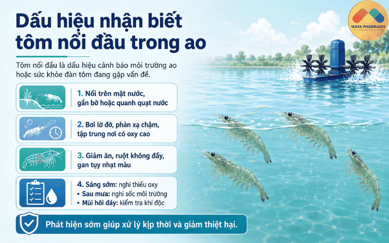 Dấu hiệu nhận biết tôm nổi đầu trong ao