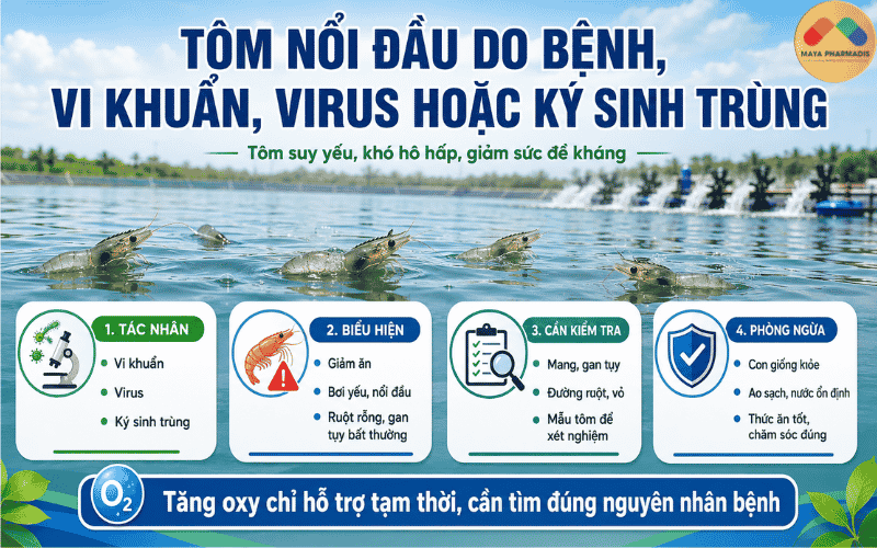Tôm nổi đầu do bệnh, vi khuẩn, virus hoặc ký sinh trùng