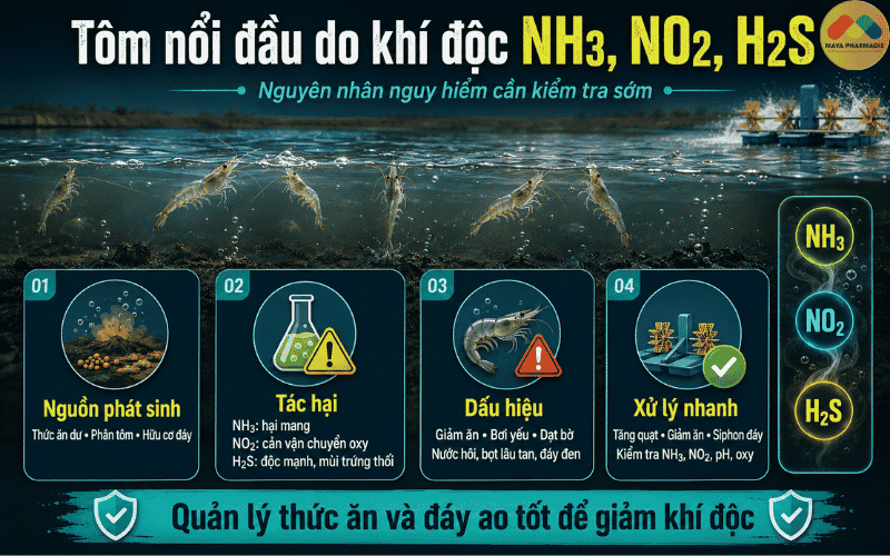 Tôm nổi đầu do khí độc NH3, NO2 và H2S