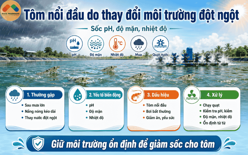 Tôm nổi đầu do thay đổi môi trường đột ngột