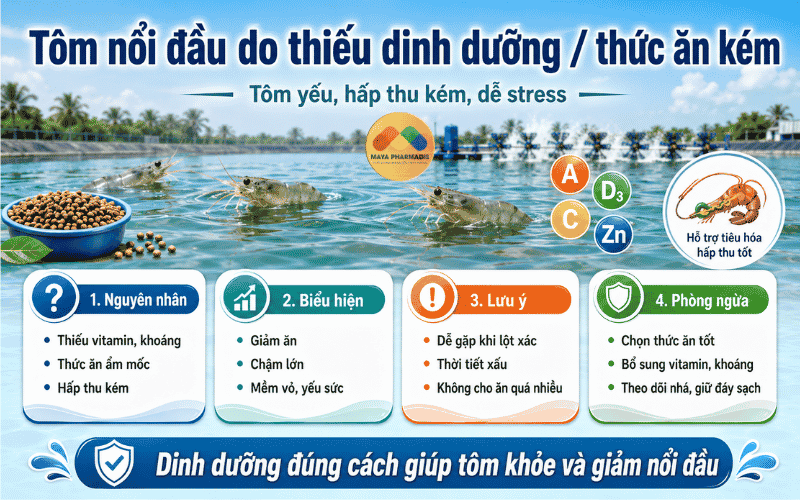 Tôm nổi đầu do thiếu dinh dưỡng hoặc thức ăn kém chất lượng
