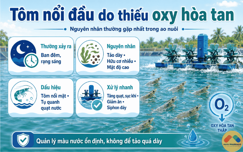 Tôm nổi đầu do thiếu oxy hòa tan trong nước