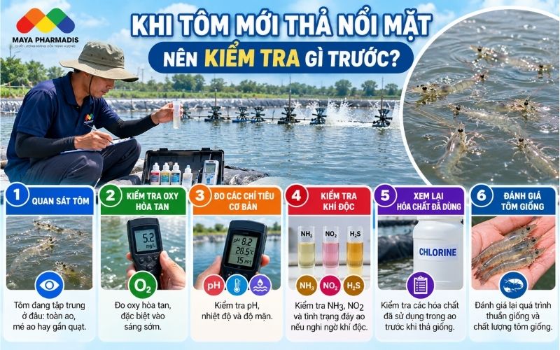 Tôm mới thả nổi mặt nên kiểm tra gì trước