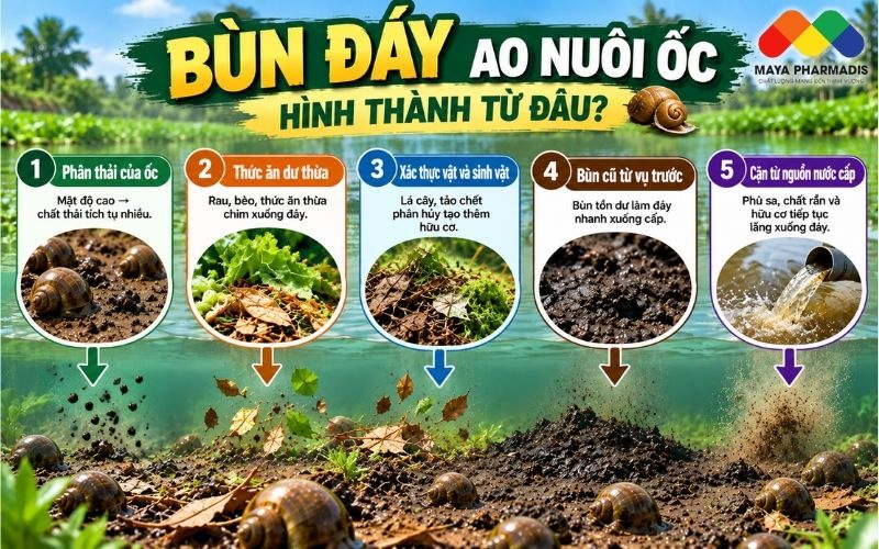 Bùn đáy ao nuôi ốc hình thành từ đâu?