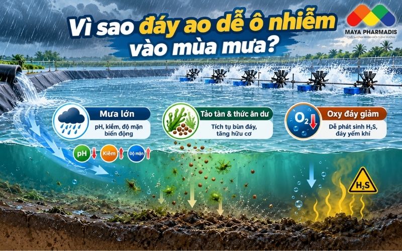 Vì sao đáy ao nuôi tôm dễ ô nhiễm vào mùa mưa?